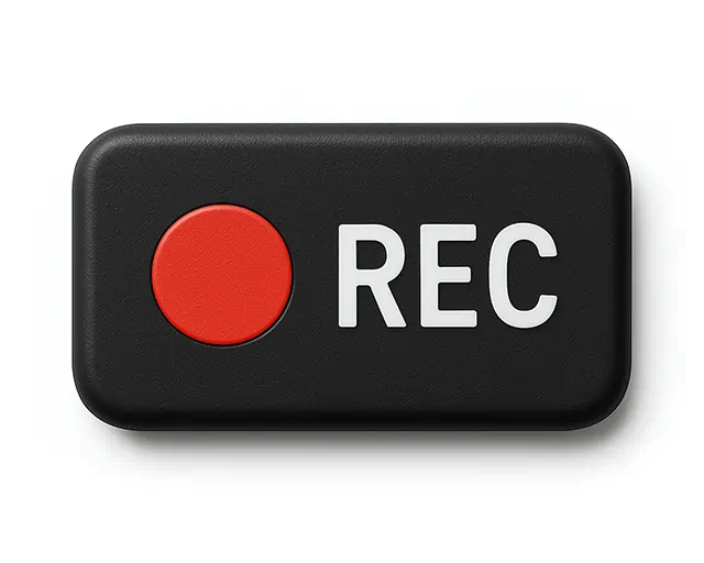 Un botón rectangular con las letras REC simbolizando grabación de video.